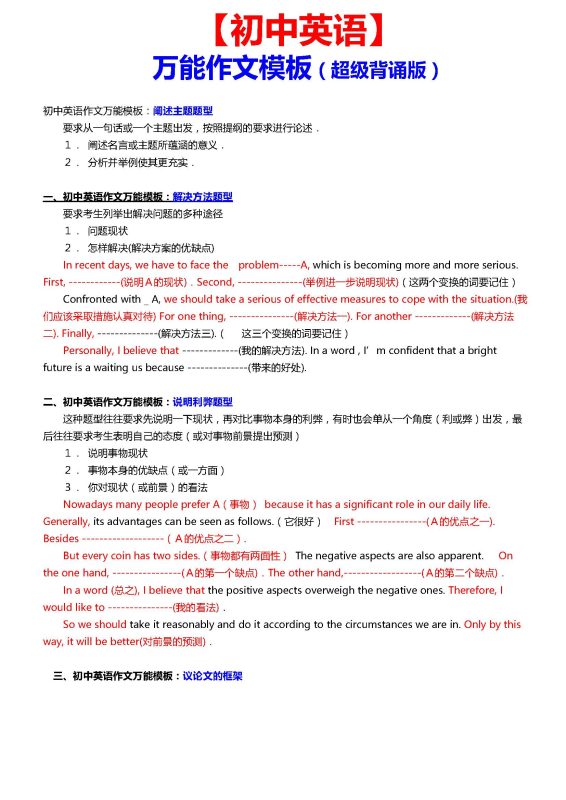 初中英语优秀范文（经典句子+万能模板+高分开头写作技巧）-中文资源库
