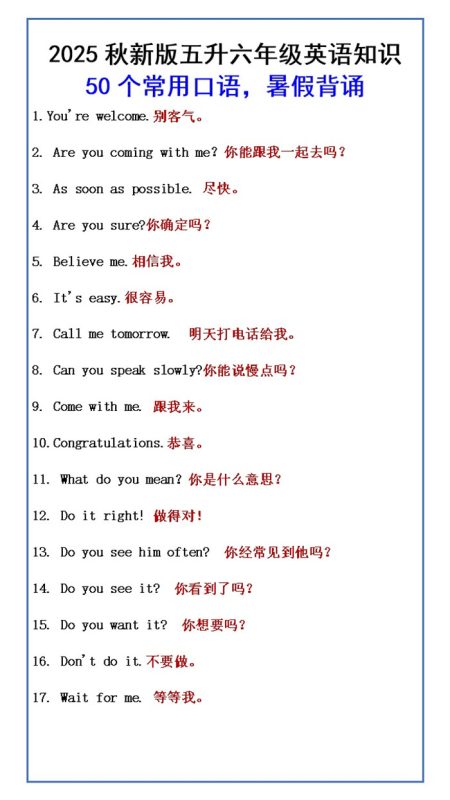 【2025秋新版】五升六年级英语知识 50个常用口语,暑假背诵.docx-中文资源库