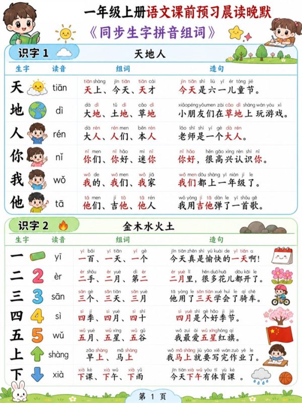 【40页高彩版】26秋一年级（上）语文课前预习生字拼音组词造句.pdf-中文资源库