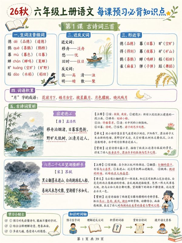 【39页高彩版】26秋六年级上册语文 每课预习必背知识点.pdf-中文资源库