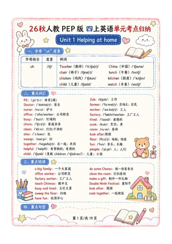 【高彩版19页】26秋四年级(上)英语基础知识默写单《人教版PEP》.pdf-中文资源库