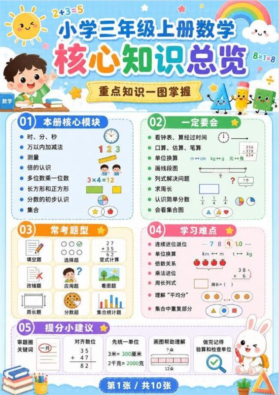 【10页高彩版】26秋小学数学三年级上册知识点总结和学习技巧.pdf-中文资源库