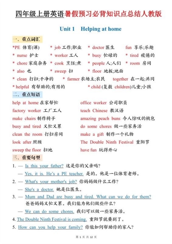 【12页完整版】26秋四年级（上）英语 暑假预习必背知识点总结《PEP版》.pdf-中文资源库
