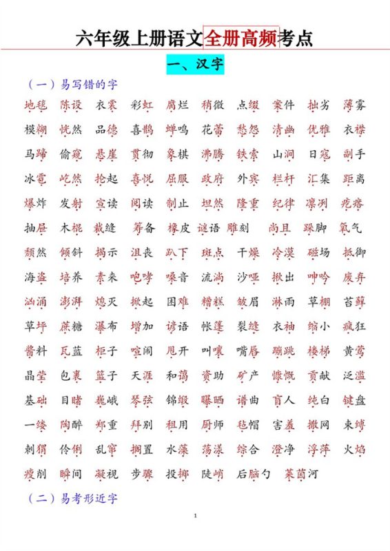 【2026高清19页】六(上)语文全册高频考点.pdf-中文资源库