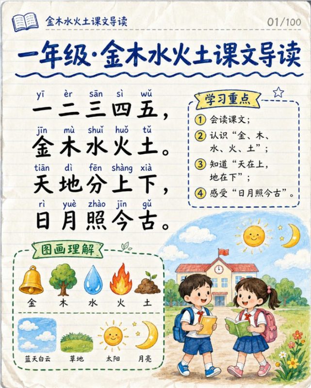 【10页高彩版】26秋一年级语文《金木水土火》课堂笔记.pdf-中文资源库