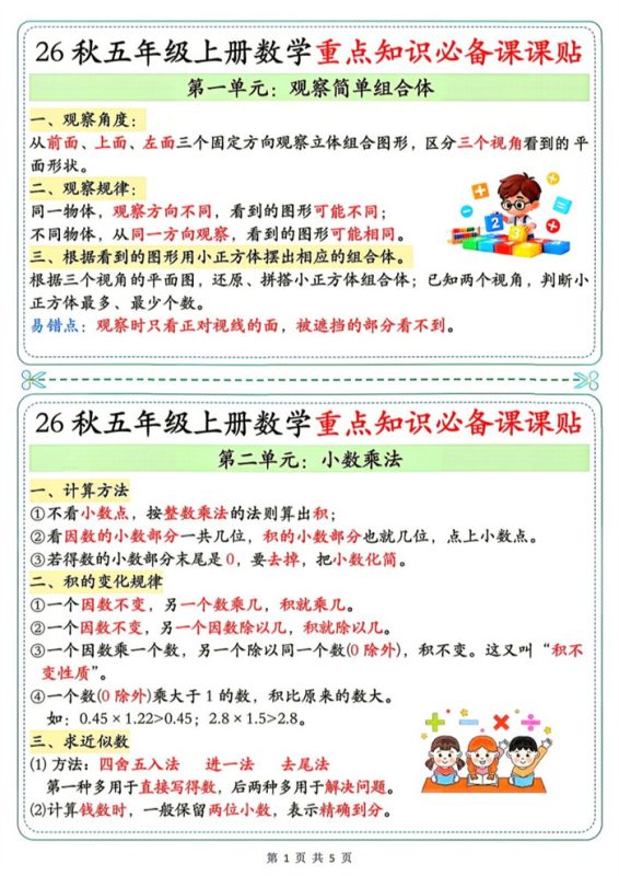 【5页完整版】26秋5年级数学上册《单元重点知识必备课课贴》人教(1).pdf-中文资源库