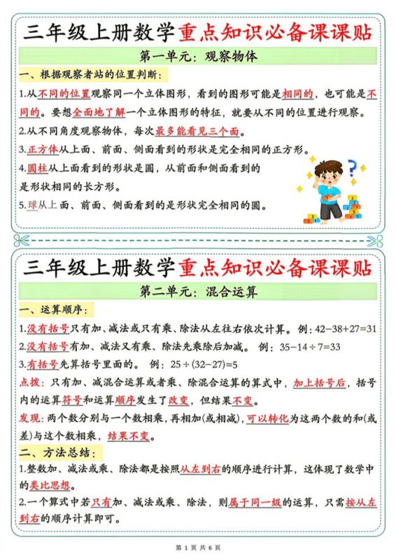 【6页完整版】26秋3年级数学上册《单元重点知识必备课课贴》人教(1).pdf-中文资源库