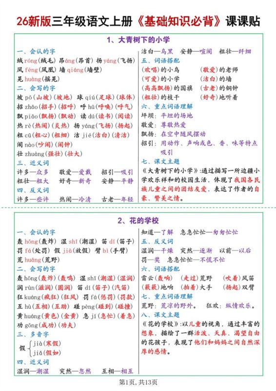 【13页完整版】26秋三年级语文上册《基础知识必背》课课贴.pdf-中文资源库
