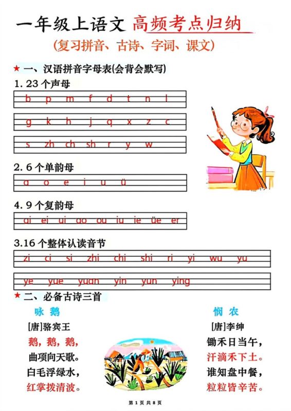 【8页完整版】26秋一年级上语文高频考点归纳.pdf-中文资源库