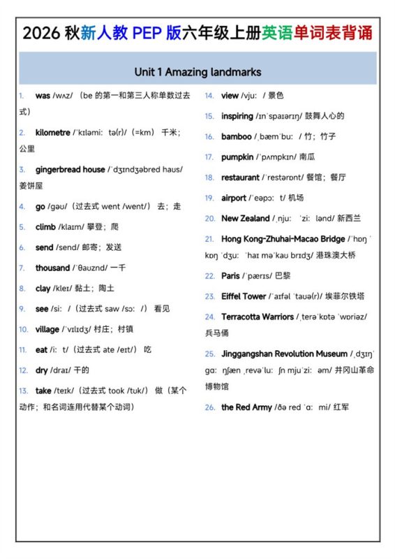 【6页完整版】26秋PEP人教版六年级上册英语单词背诵资料.pdf-中文资源库