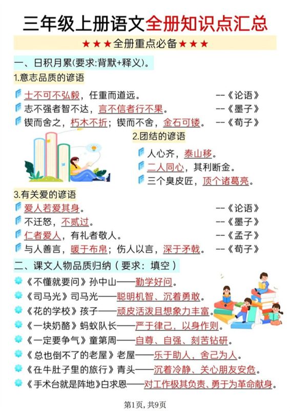 【9页完整版】26秋三上语文全册知识点汇总.pdf-中文资源库